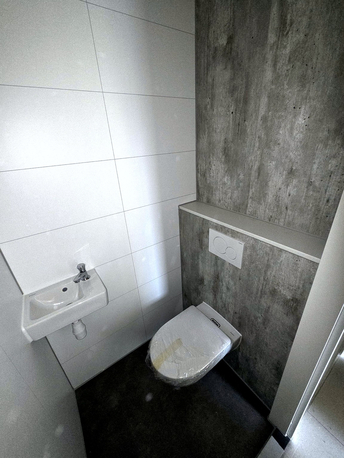 Opgeleverde toiletruimte met wandcloset en fonteintje
