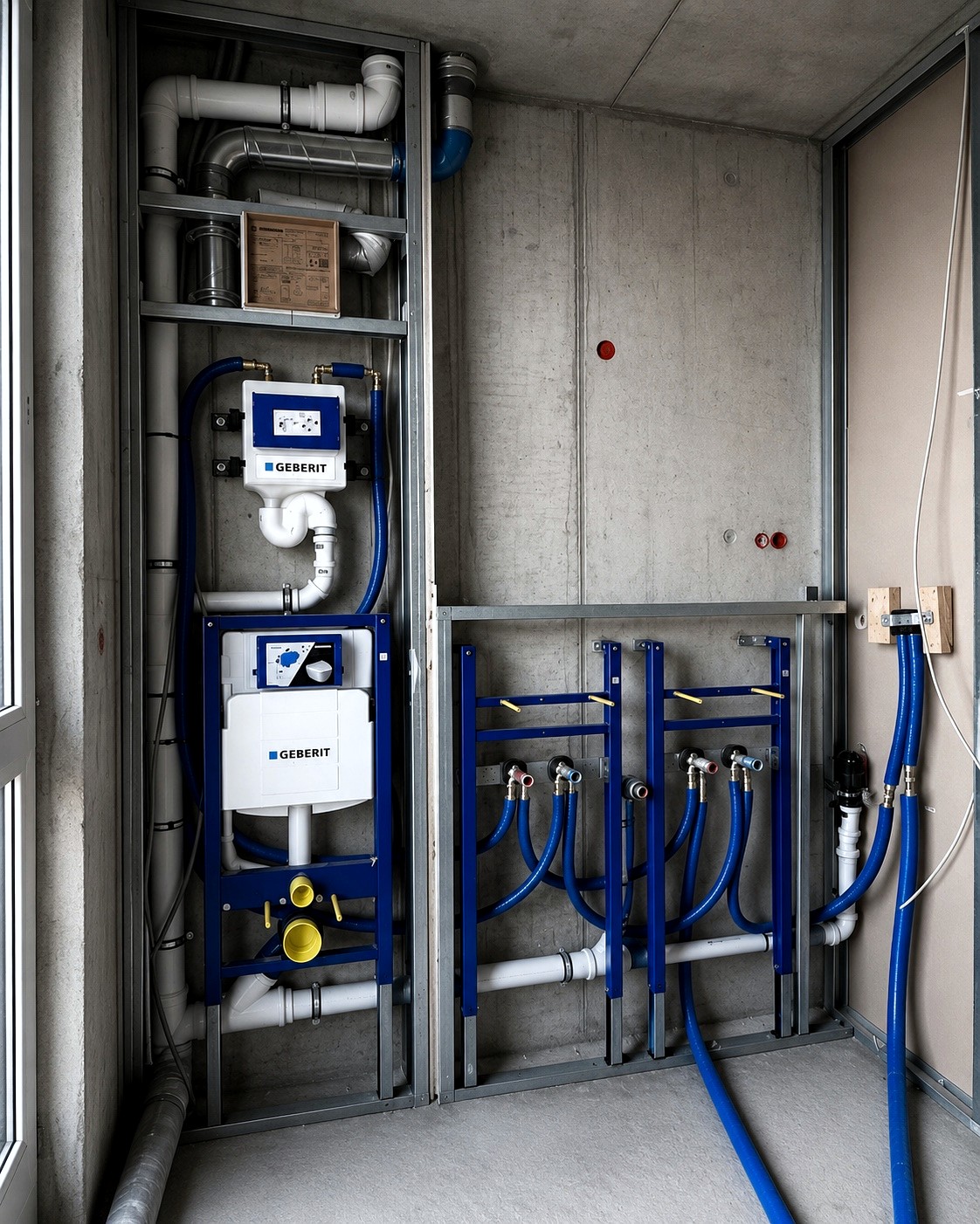 Geberit inbouwframe met blauw waterleidingwerk in een technische kast